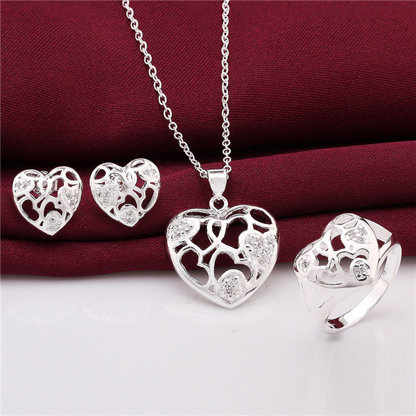 High grade 925 sterling silver Zircon heart-shaped three-piece jewelry sets DFMSS743 Factory direct sale wedding necklace earring ring