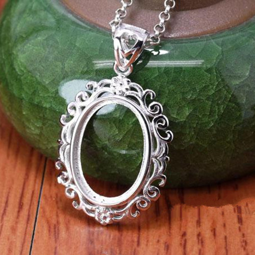 925 Setting Sterling Silver Women Pendant Art Nouveau 13x18mm Oval Cabochon Semi Mount Pendant Plated White Gold Generous Jewelry