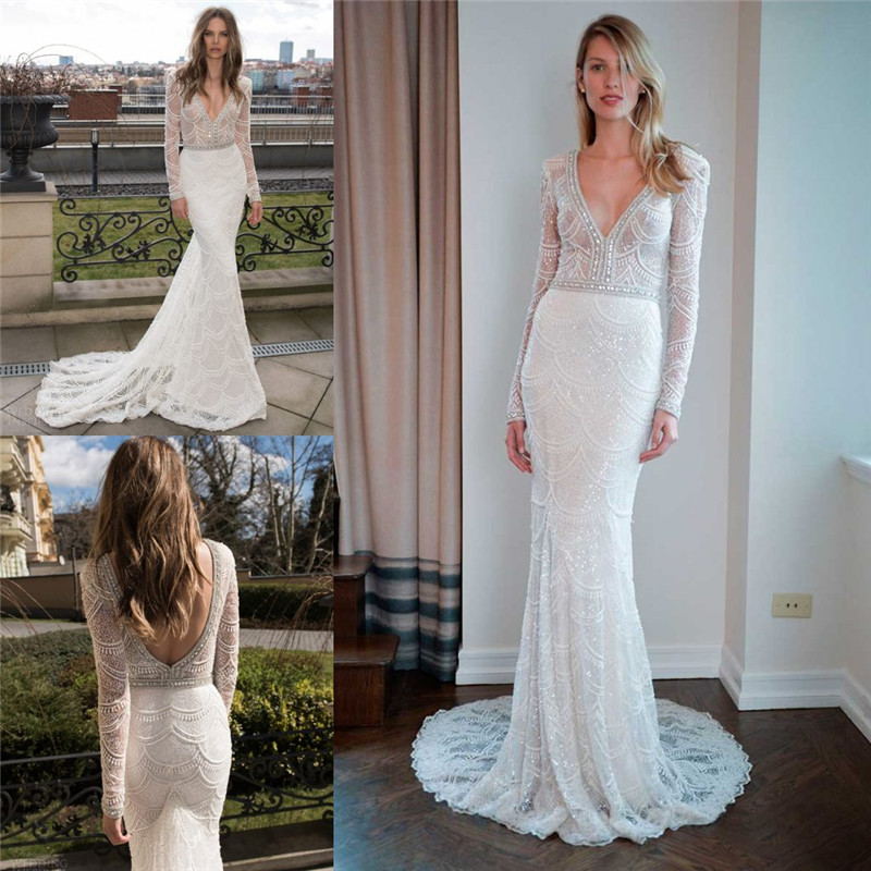 Vintage Mermaid Wedding Dresses Free Shipping V Neckline Appliques Beads Bridal Gowns Sweep Train Backless Custom Made Wedding Dress