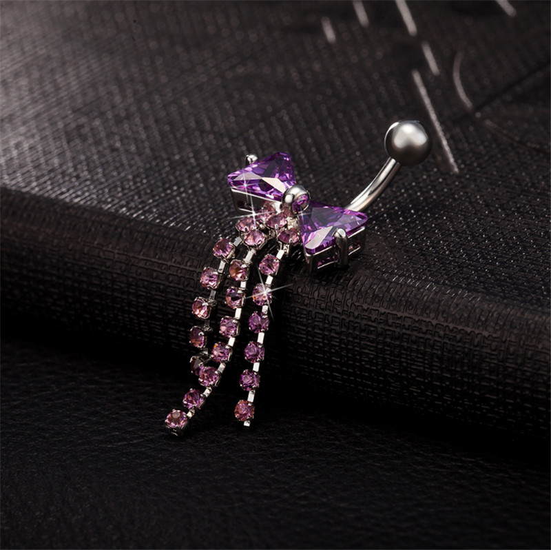 Women Lovery Body Piercing Dangle Navel Ring White Gold Plated Bowknot Tassles Belly Dance Ring for Girls Women
