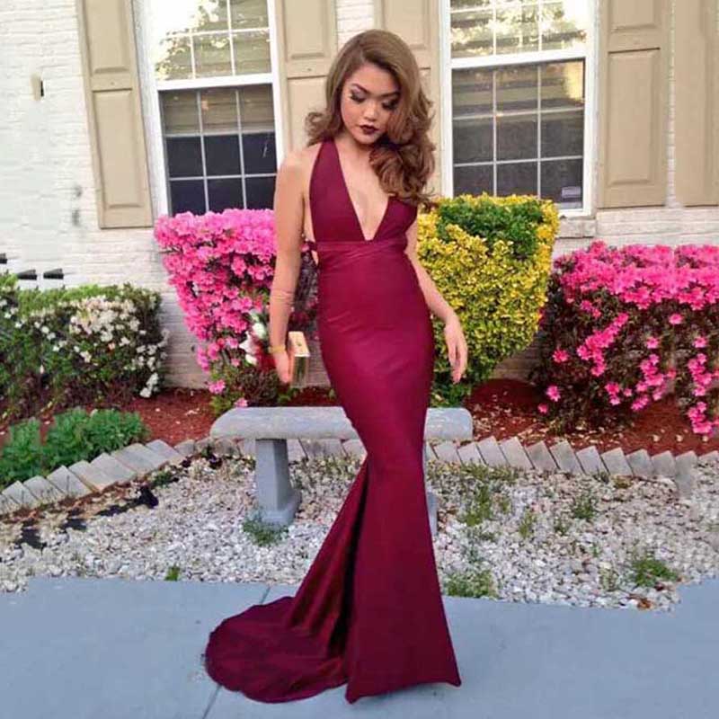 Sexy V-Neckline Backless Burgundy Satin Mermaid Prom Dresses New Fashional Spaghetti Strap Sweep Train Evening Party Dress, Red
Sexy V-Neckline Backless Burgundy Satin Mermaid Prom Dresses New Fashional Spaghetti Strap Sweep Train Evening Party Dress, Red