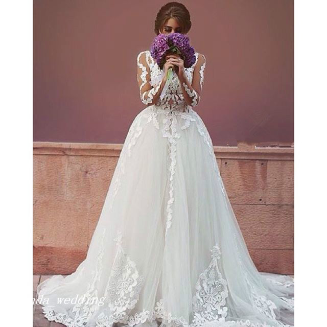 Elegant White Two in One Wedding Dresses High Quality Applique Long Sleeves Backless Tulle Women Wear Bridal Party Gowns Plus Size