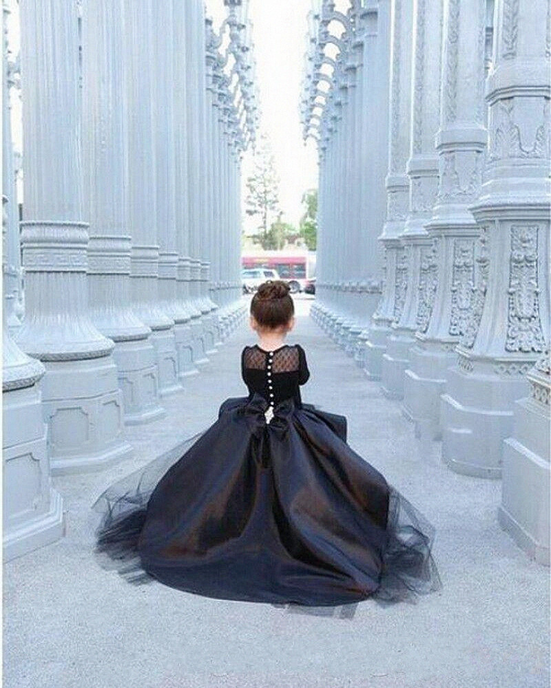 Black Pageant Dresses For Girls Jewel Long Sleeve Flower Girl Dresses For Toddlers Teens Kids Formal Wear Party Communion Dresses