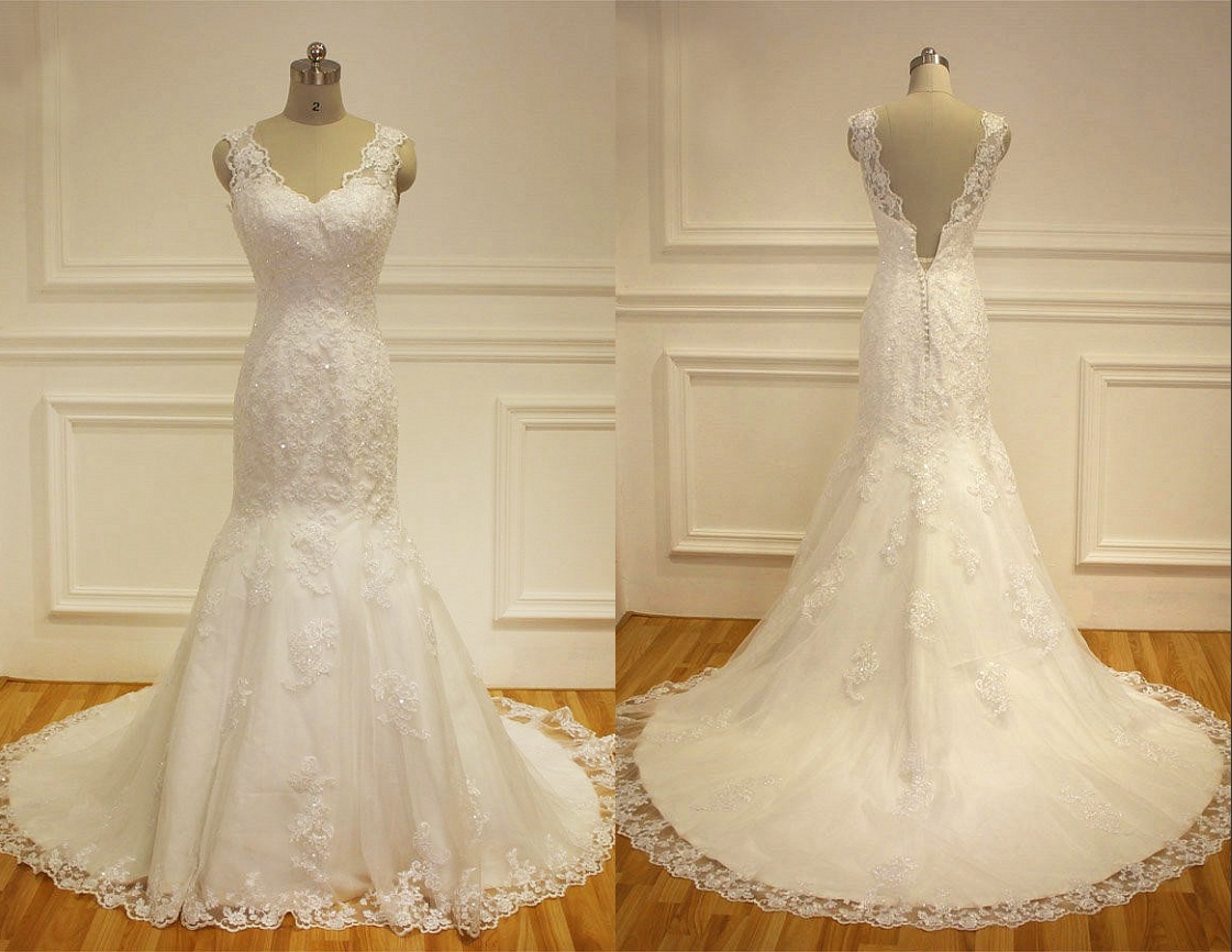 Lace Appliques Mermaid Wedding Dresses Beaded V-neck Low Back Chapel Train Fit And Flare Bridal Gowns Vestido De Noiva Real Photo, Champagne
Lace Appliques Mermaid Wedding Dresses Beaded V-neck Low Back Chapel Train Fit And Flare Bridal Gowns Vestido De Noiva Real Photo, Champagne