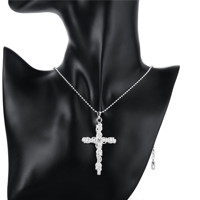 High grade Odd shaped insets cross Men white gemstone sterling silver necklace STSN359,fashion 925 silver necklace factory direct sale