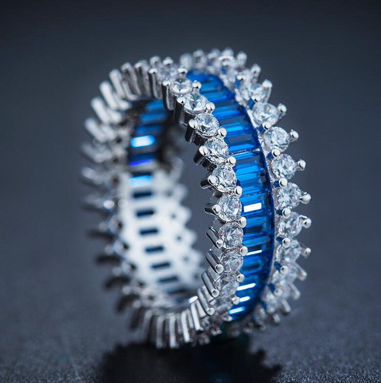 10KT White Gold Filled Women's Wedding Band Ring with Princess Cut Blue Sapphire CZ Dia Gemstones, Size 5-10 dh911125171