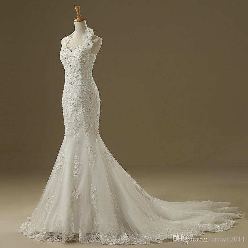 2022 Halter Mermaid Lace Wedding Dresses Beaded Appliques 3D Flowers Lace up Court Train Bridal Wedding Gowns