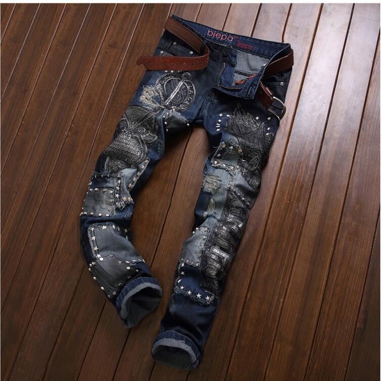 Brand Fashion Patchwork Straight Embroidery Rivets Punk Men's Skinny Jeans High Quality Robbin Jeans Hip Hop Fit Men Biker Jeans