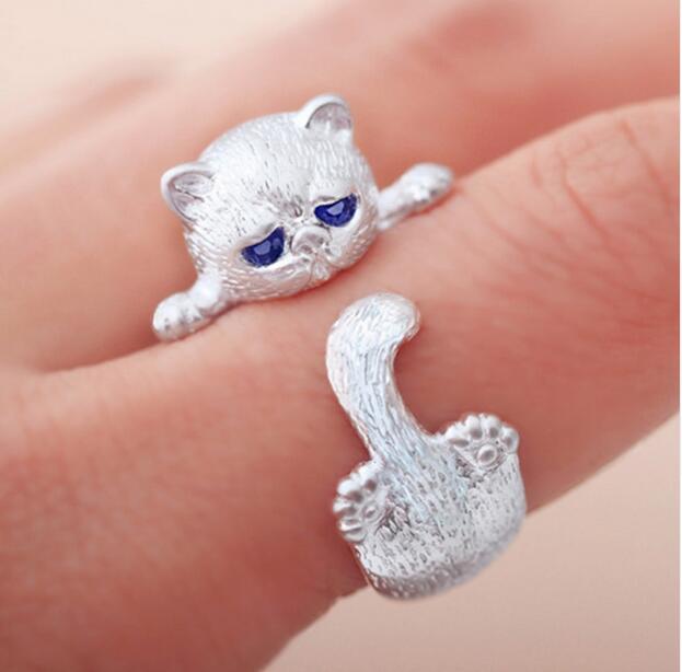 Fashion Lovely Silver Plated Cute Cat Rings for Women Animal Cat Eyes Open Ring Vintage Jewelry G894