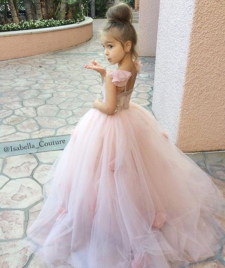 Blush Pink wer Appliques Spaghetti Straps Ball Gown Ruffles Tulle Pageant Girls Long Girl Dresses for Wedding