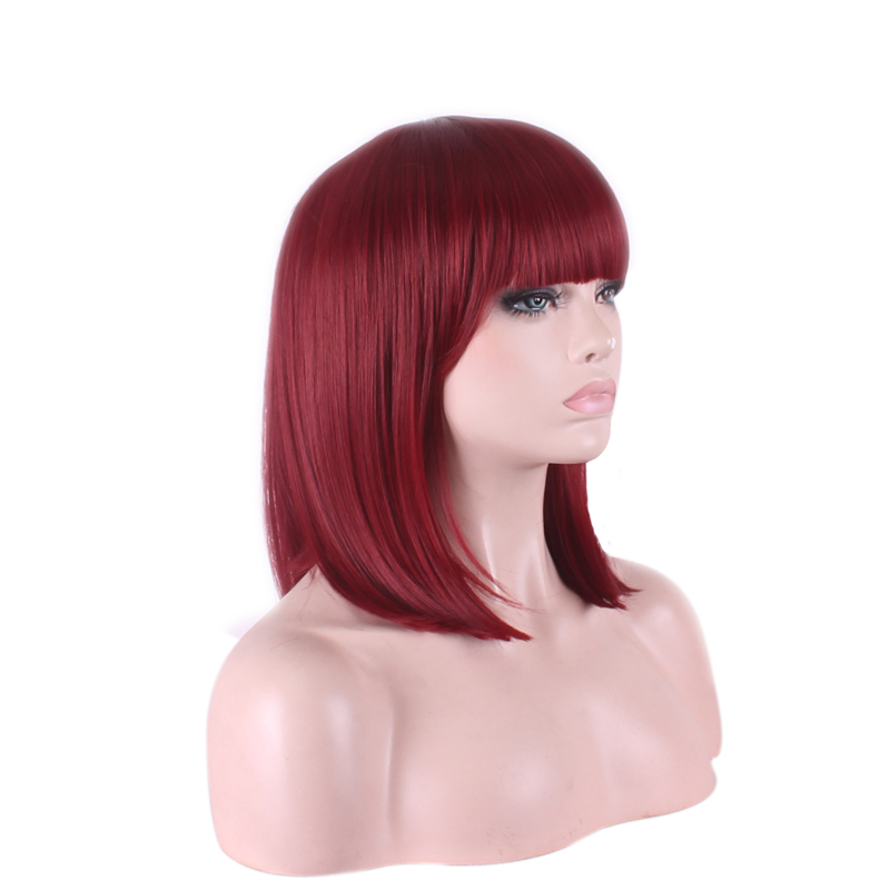 WoodFestival medium length straight synthetic wigs with bangs ladies short burgundy wig high temperature silk fiber hair