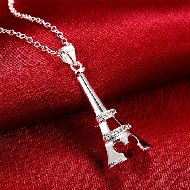 Hot sale women's iron tower shape Pendant Necklace white gemstone sterling silver necklace STSN701,brand new fashion 925 silver necklace
