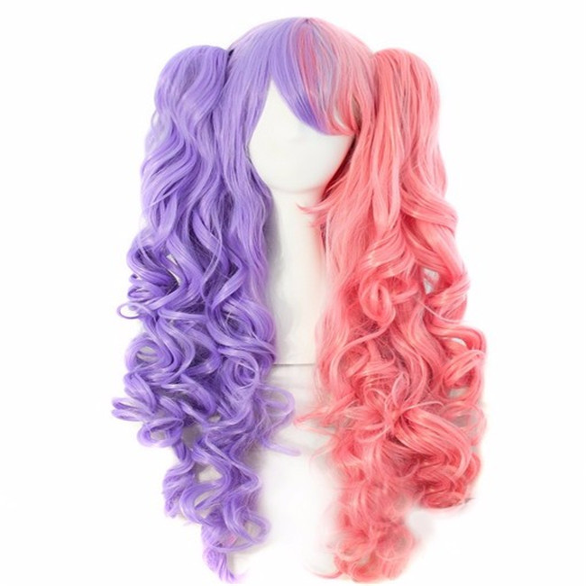 Double ponytail clip wig WoodFestival Long wavy synthetic wigs three sets Purple pink white black heat resistant fiber hair women