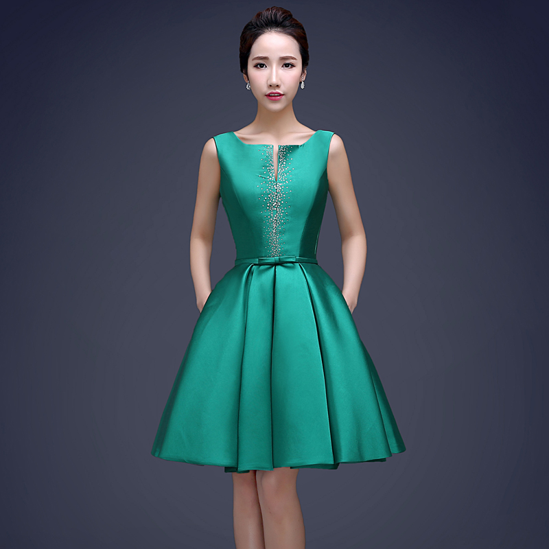 Bateau Neck 395 Satin Short Cocktail Dresses Lace Up 2019 Beaded Knee Length Party Dress Dark Green