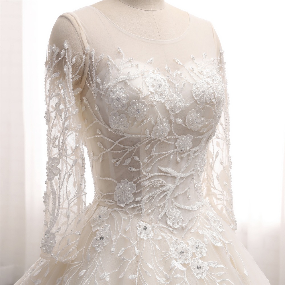 Vintage New Princess Ball Gown Wedding Dresses Long Sleeves See Through Lace Up Back Beaded 3D Floral Tulle robe de mariage