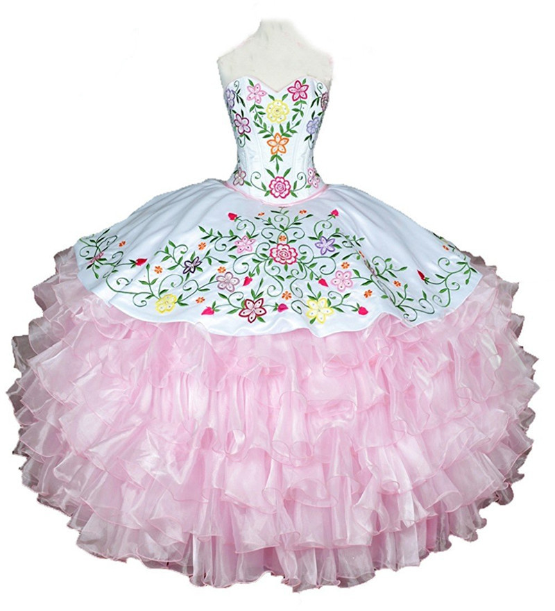 new sexy pink embroidery ball gown quinceanera dresses with tiered organza plus size sweet 16 dress vestido debutante gowns bq46