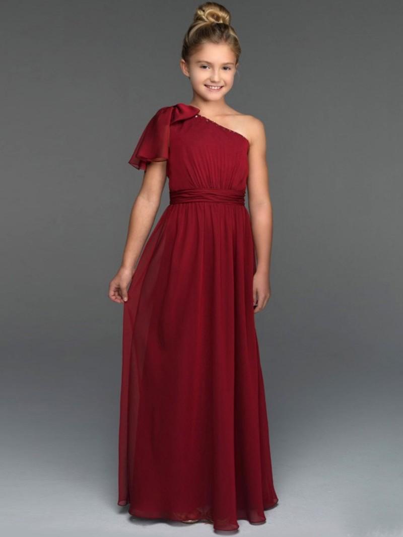 Burgundy Pleated 2022 Flower Girl Dresses One-Shoulder Floor-Length Zipper Back Princess New Flower Gowns With Bow Girls Pageant Dress