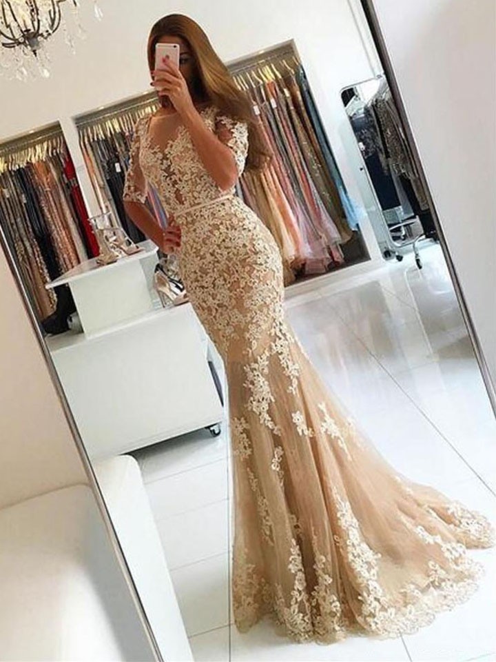 2018 Champagne Tulle Mermaid Prom Dresses with Half Sleeves Sexy Backless Long Dubai Evening Party Gowns, Silver
2018 Champagne Tulle Mermaid Prom Dresses with Half Sleeves Sexy Backless Long Dubai Evening Party Gowns, Silver