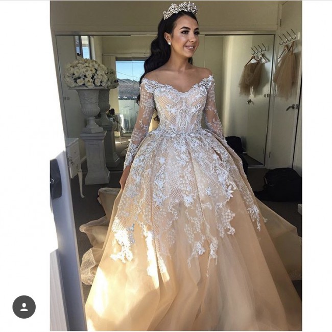 Champagne Lace Ball Gown Wedding Dresses Off Shoulder V-Neck Long Sleeves Wedding Gown Beaded Lace Applique Tulle Long Train Wedding Dress