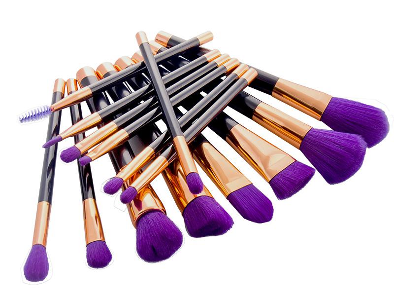 15 pcs set makeup brush, white brush with green handle, pink brush with gold handle, purple brush with black handle, 100 pcs/lot