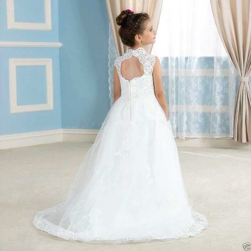 Spring Flower Girl Dresses Vintage Jewel Sash Lace Net Baby Girl Birthday Party Christmas Communion Gowns Children Girl Party Dress