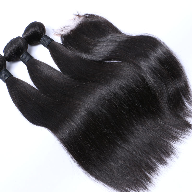 Brazilian Straight Hair Bundles With Closure Human Hair Weaves Closure 3Bundles With Lace Closure 4x4 Free Part Natural Color 1B Color