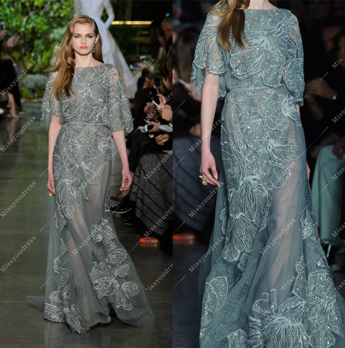 Elegant Elie Saab Dresses Evening Wear Bateau Neck Half Sleeves Celebrity Dress Beads Appliqued Formal Runway Fashion Gowns Custom Made