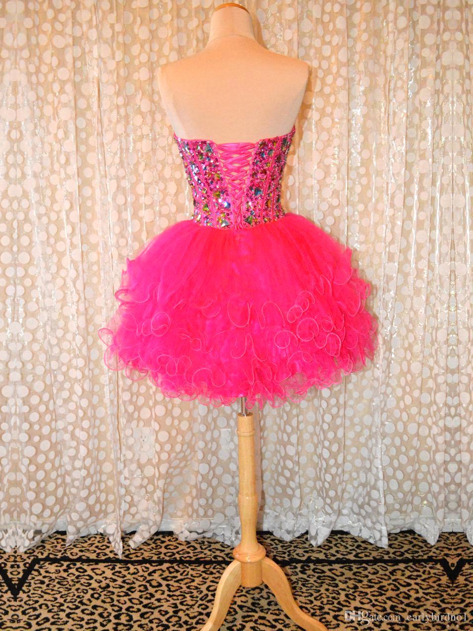 Wonderful Sweetheart Crystals Hot Pink Puffy Tulle Ball Gown Short Homecoming Colorful Rhinestones Cocktail Prom Graduation Dresses BO7806