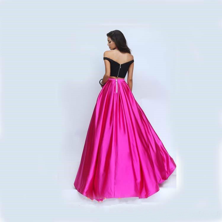 Modest 2016 Black And Fuchsia Taffeta Two Pieces Prom Dresses Cheap Off Shoulder Back Zipper With Pocket Long Formal Party Gowns EN7079