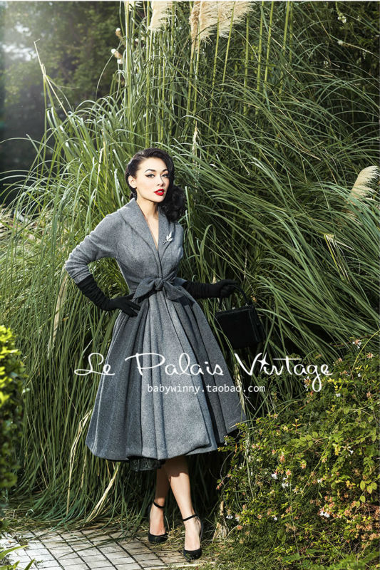 Wholesale-2016 Le Palais Vintage Elegant Retro Grey Stitching Waist Big Pendulum All-Match Long Coat High Quality Women's Clothing