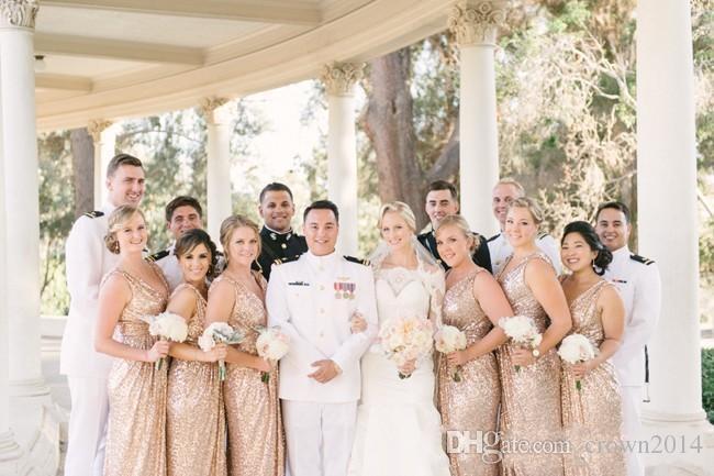 2022 Bling Rose Gold Sequins Bridesmaid Dresses Plus Size Sexy V neck A Line Wedding Party Dress Pageant Formal Bridesmaids Gowns Custom