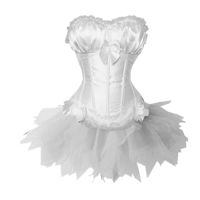 Big Plus Size 6XL Frilly Bustline Lace Bow Burlesque Valentine Halterneck Corset with Tulle Tutu Skirt Dance Corset Costume Dress Outfit