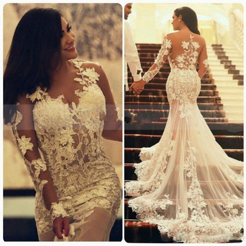 2016 Sexy Nigeria Mermaid Lace Wedding Dresses with Long Transparent Sleeves Crew Appliques Ruffles Vintage Arabic Wedding Party Hot Gowns, Gold
2016 Sexy Nigeria Mermaid Lace Wedding Dresses with Long Transparent Sleeves Crew Appliques Ruffles Vintage Arabic Wedding Party Hot Gowns, Gold