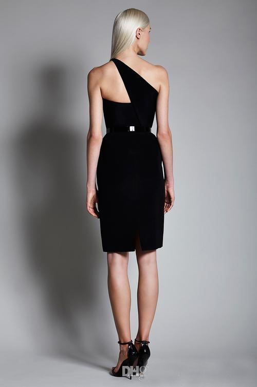 Classic 2020 One Shoulder Knee Length Cocktail Dresses Cheap Sheath Zipper Back with Sash Black Satin Party Gowns for Women Custom EN61613