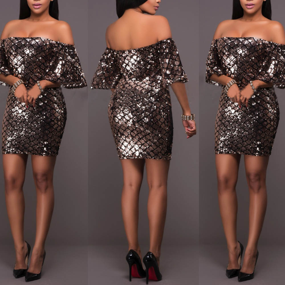 Preself Summer Sexy mini sequin Bodycon dress women backless metal party Night Club Off Shoulder dresses vestidos plus size q171118