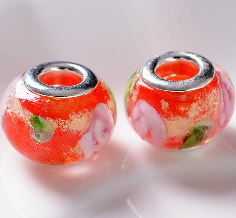 100pcs Lot Fashion Round Foil Flower Lampwork Glass Big hole Beads Fit European Charm Bracelet DIY Jewelry Gift GB06