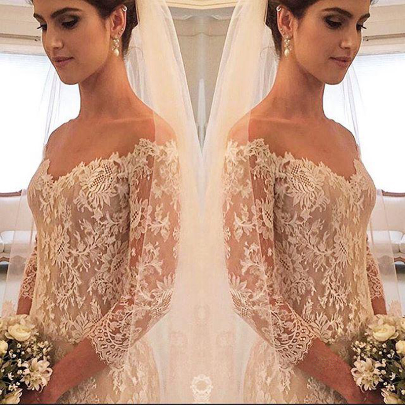 Western Style Popular Wedding Dresses V Neck 3/4 Long Sleeves Wedding Gowns Illusion Sweep Train Lace And Tulle Custom Made Bridal Dress