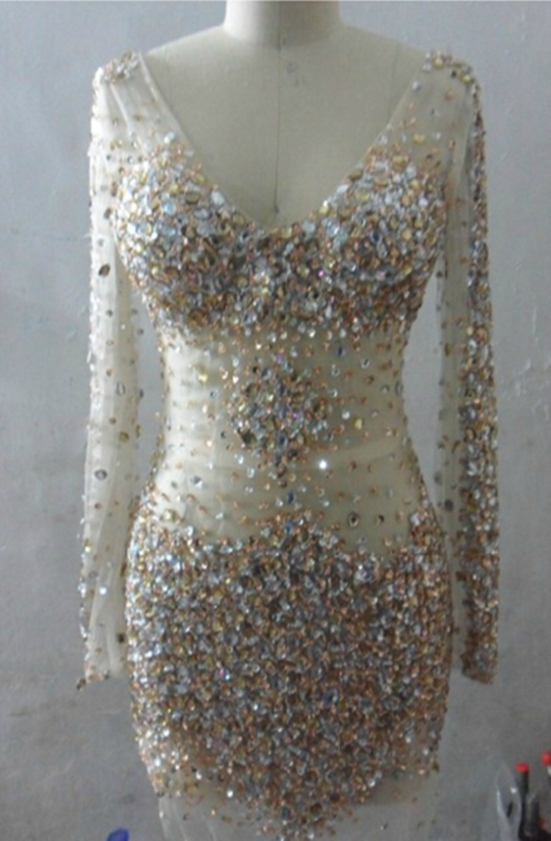 Long Sleeves V Neck Beaded Crystal Prom Dress Short 2019 Sexy Sheer Back Prom Gowns Real Photo
