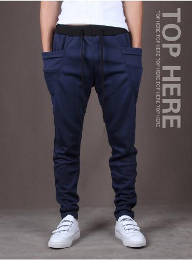 Wholesale- Unique Design Harem Pants Men's Elastic Waist Sports Pants Korean Cool Slim Fit Sweatpants Drop Crotch Pants Men black