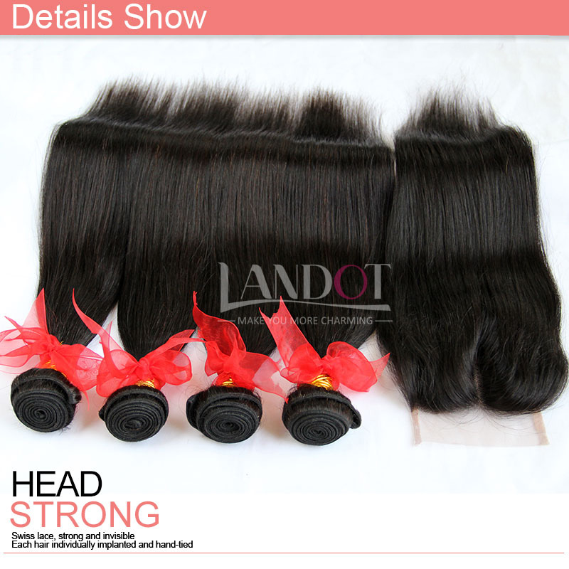 5Pcs Lot Brazilian Straight Virgin Hair Weaves With Lace Closure Unprocessed Human Hair 4 Bundles And Closures Free/Middle/3 Part Closure