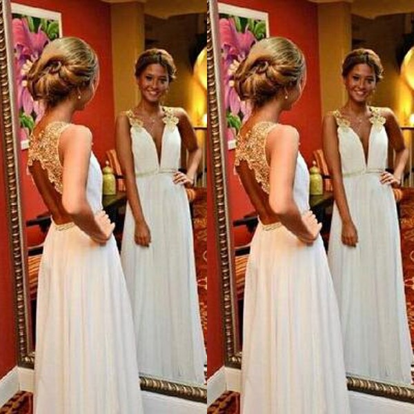 Sexy Plunging Deep V Neck Prom Dress Long Formal Gold and White Evening Party Gowns Lace Appliques Open Back Floor Length Chiffon, Yellow
Sexy Plunging Deep V Neck Prom Dress Long Formal Gold and White Evening Party Gowns Lace Appliques Open Back Floor Length Chiffon, Yellow