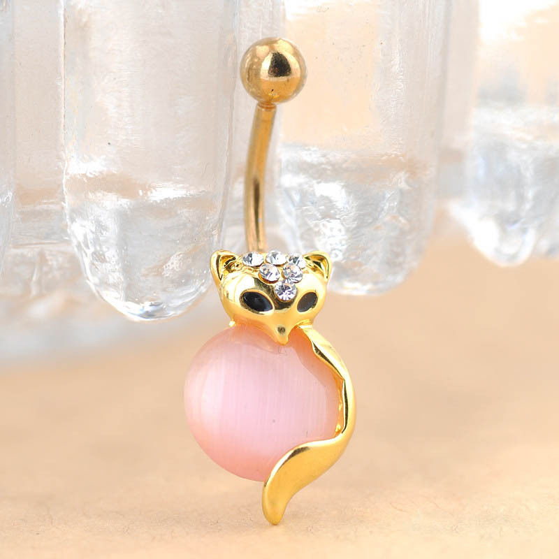 Elegant Steel Crystal Ball Fox Design Navel Piercing Barbell Ring for Belly Button