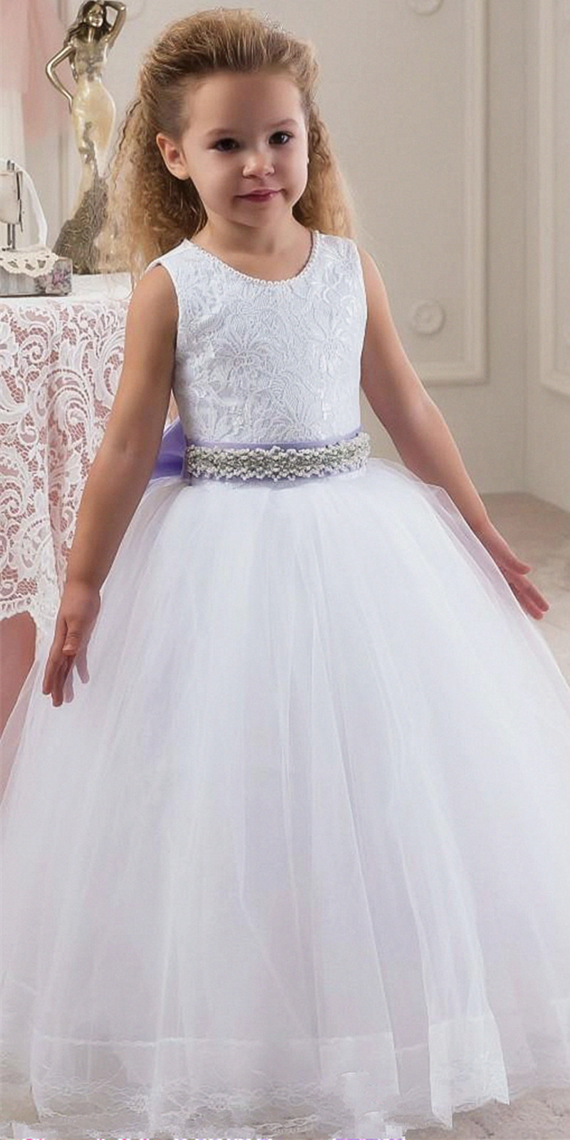 Party Prom Princess Elegant Appliques Lace Flower Girl Dresses Floor Length Pretty Girls Ball Gown Sleeveless First Communion