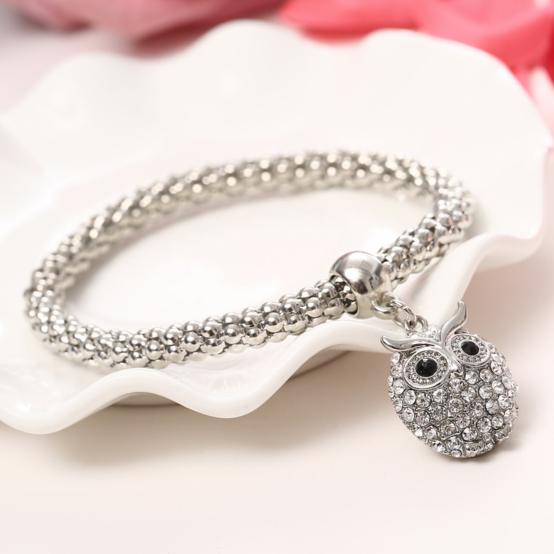 Wholesale-Fashion 3Pcs/set Crystal Bead Bracelet Women Gold Plated Crystal Owl Bangles Jewellery Elastic Charm Gifts pulseira feminina