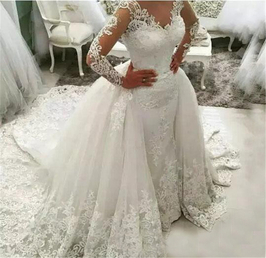 Modern Dubai Long Sleeves Sheer Court Train Bridal Gowns With Removable Tulle Overskirt Luxury Applique Lace Mermaid Wedding Dresses, Silver
Modern Dubai Long Sleeves Sheer Court Train Bridal Gowns With Removable Tulle Overskirt Luxury Applique Lace Mermaid Wedding Dresses, Silver