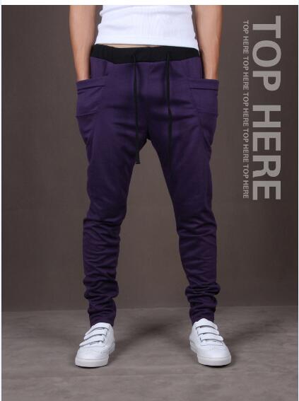 Wholesale- Unique Design Harem Pants Men's Elastic Waist Sports Pants Korean Cool Slim Fit Sweatpants Drop Crotch Pants Men black
