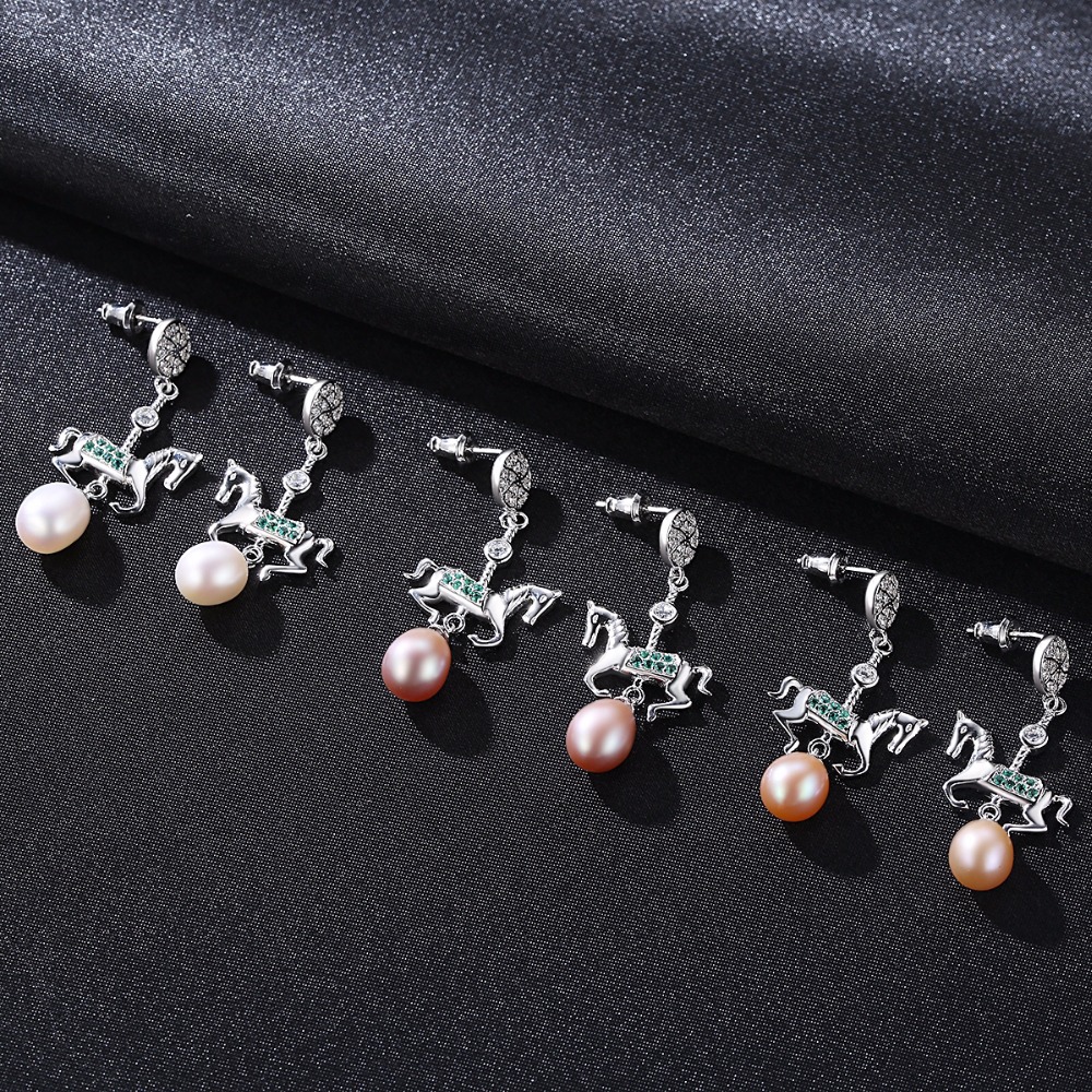 PAG&MAG 925 Sterling Silver Fashion Creative Color Carousel Drop Earrings For Girl Natural Pearl Pendant Earrings Women Jewelry