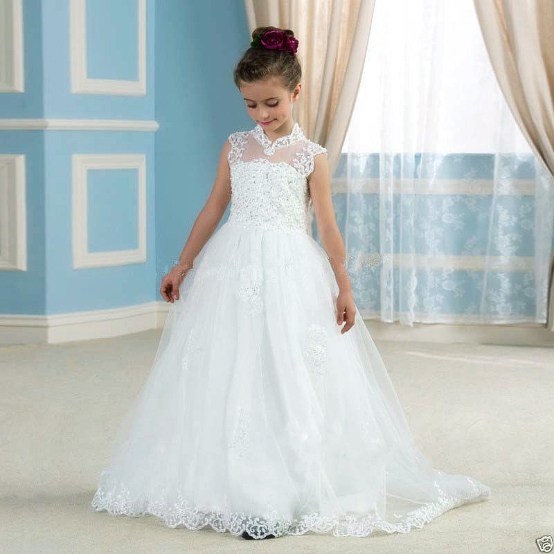 Spring Flower Girl Dresses Vintage Jewel Sash Lace Net Baby Girl Birthday Party Christmas Communion Gowns Children Girl Party Dress