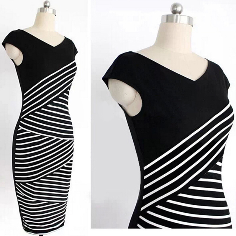 Elegant Women Summer V Neck Dress Black and white stripe Stitching Pencil Dresses Lady Knee-Length Party Bodycon Dress