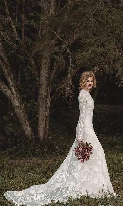 Elegant Lace Bohemian Long Sleeve Wedding Dresses 2020 Sheer Neck Full Back Floor-length A-line Country Bridal Dresses Cheap Gown